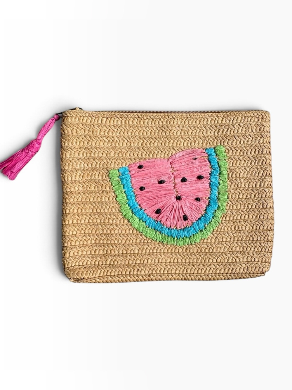 Mud Pie Pink Watermelon Straw Wristlet with Tassel